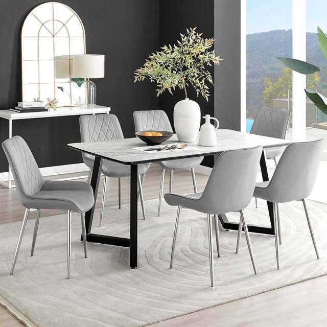 Furniturebox Copeland Cesano Marble Effect 6 Seater Dining Set White Grey and Chrome - Wilko - image 1
