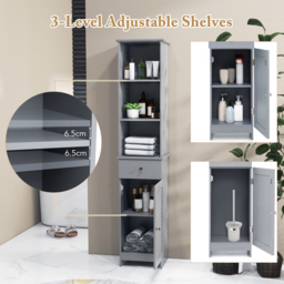 Costway Single Door Single Drawer 3 Shelf Grey Tall Bathroom Cabinet - Size: 34.5 x 30 x 164cm - Wilko - thumbnail 6