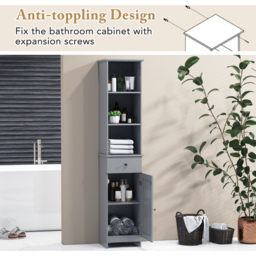 Costway Single Door Single Drawer 3 Shelf Grey Tall Bathroom Cabinet - Size: 34.5 x 30 x 164cm - Wilko - thumbnail 5