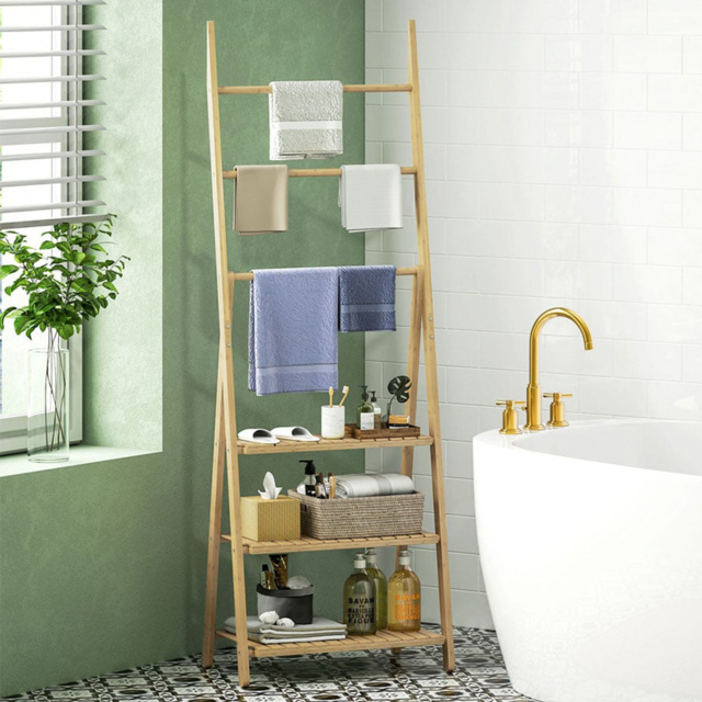 HOMCOM 3 Shelf Foldable Bamboo Bathroom Storage Shelving Unit with Towel Bars - Size: 153 x 30 x 53.5cm - Brown - Wilko - image 1