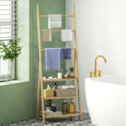 HOMCOM 3 Shelf Foldable Bamboo Bathroom Storage Shelving Unit with Towel Bars - Size: 153 x 30 x 53.5cm - Brown - Wilko