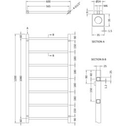 nuie Eton Chrome Heated Towel Rail 1200 x 600mm - Size: 12 x 6 x 0.4cm - Silver - Wilko - thumbnail 4
