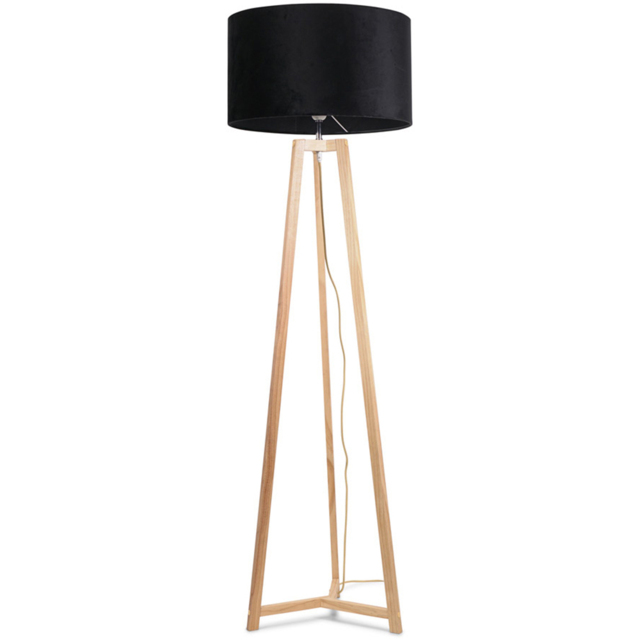 ValueLights Lottie Black Velvet Drum Shade Natural Wood Tripod LED Floor Lamp - Size: 148 x 45 x 45cm - Cream - Wilko - image 1