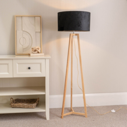 ValueLights Lottie Black Velvet Drum Shade Natural Wood Tripod LED Floor Lamp - Size: 148 x 45 x 45cm - Cream - Wilko - thumbnail 3