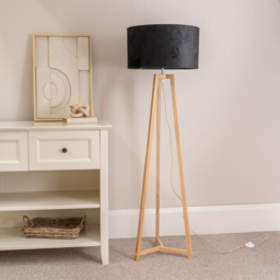 ValueLights Lottie Black Velvet Drum Shade Natural Wood Tripod LED Floor Lamp - Size: 148 x 45 x 45cm - Cream - Wilko - thumbnail 4