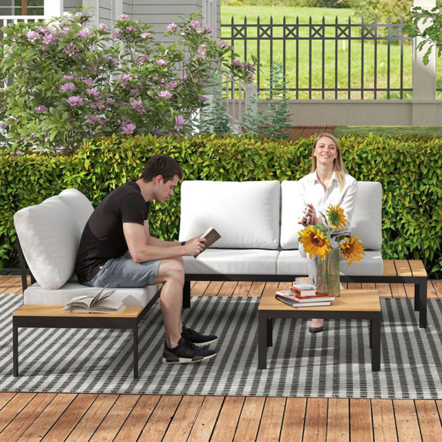 Outsunny 4 Seater Teak Garden Corner Sofa Set - Yellow - Wilko - image 1