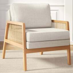 Living and Home Beige Fabric Cushion Mid Century Rattan Chair - Size: Single - Cream - Wilko - thumbnail 1