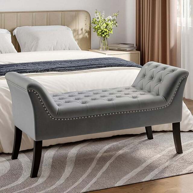 Living and Home Grey Modern Soft Velvet Buttoned Armed Bench - Size: 62 x 123 x 50cm - Wilko - image 1