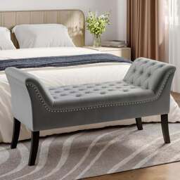 Living and Home Grey Modern Soft Velvet Buttoned Armed Bench - Size: 62 x 123 x 50cm - Wilko