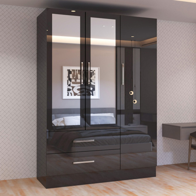 Sliding Wardrobes 4U 3 Door 2 Drawer Black High Gloss Hinge Door Wardrobe 116cm - Size: 3 Door, 2 Drawer - Wilko - image 1