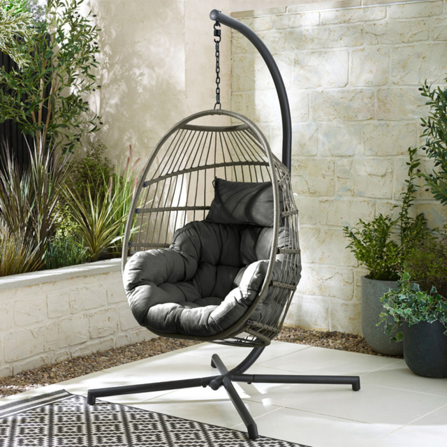 Furniturebox Veza Rattan Grey Hanging Egg Chair with Cushion - Size: Single Seater - Wilko - image 1