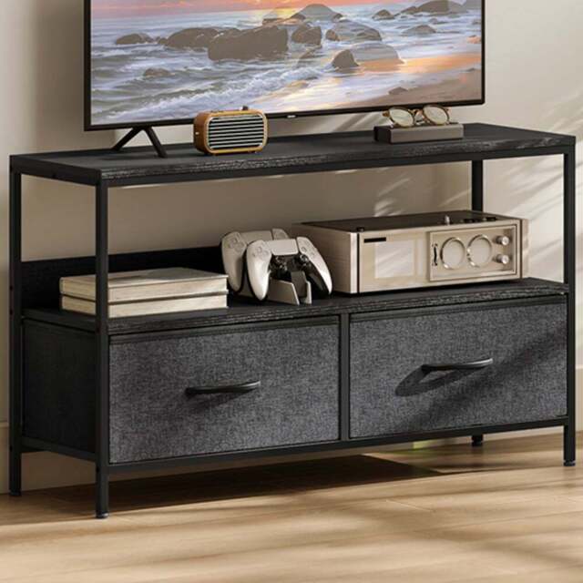 HOMCOM 2 Foldable Linen Drawer Single Shelf Black TV Cabinet - Size: 56 x 29 x 98cm - Wilko - image 1