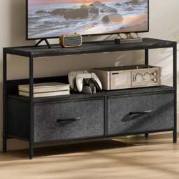 HOMCOM 2 Foldable Linen Drawer Single Shelf Black TV Cabinet - Size: 56 x 29 x 98cm - Wilko