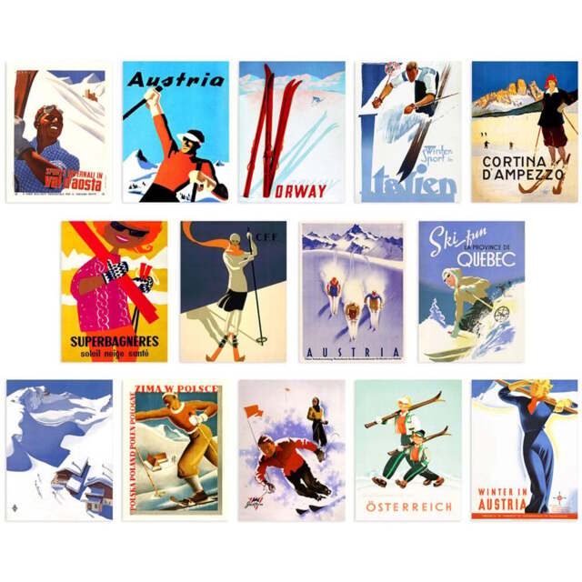 Artery8 Vintage Austria Italy France Norway Ski Adverts Wall Art Print 30 x 41cm 14 Pack - Size: 40.5 x 30.5 x 0.3cm - Multi - Wilko - image 1