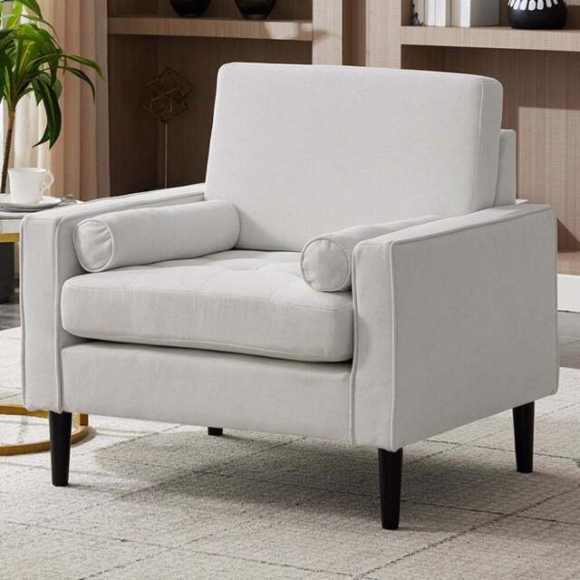 Living and Home Beige Linen Mid-Century Armchair with Armrest Pillows - Size: 81 x 83 x 73cm - Wilko - image 1