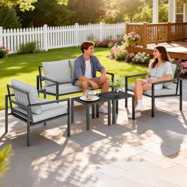 Outsunny 4 Seater Light Grey Metal Garden Lounge Set with Cushion - Wilko - image 1