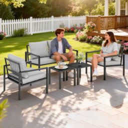 Outsunny 4 Seater Light Grey Metal Garden Lounge Set with Cushion - Wilko - thumbnail 1