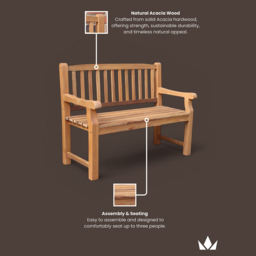 Royalcraft Turnbury 2 Seater Acacia Hardwood Bench - Size: 92 x 120 x 59cm - Brown - Wilko - thumbnail 6