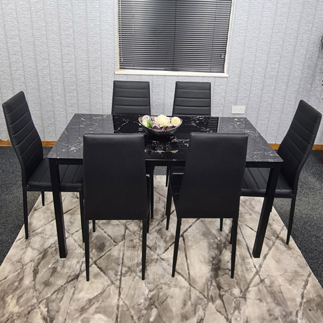 Kosy Koala 6 Seater Glass and Faux Leather Dining Set Black Marble Effect and Black - Portland - Wilko - image 1