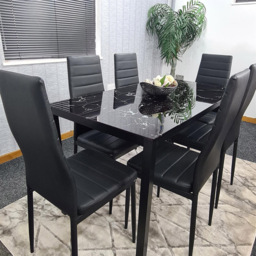 Kosy Koala 6 Seater Glass and Faux Leather Dining Set Black Marble Effect and Black - Portland - Wilko - thumbnail 6