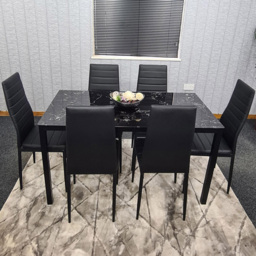 Kosy Koala 6 Seater Glass and Faux Leather Dining Set Black Marble Effect and Black - Portland - Wilko