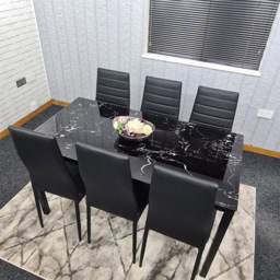 Kosy Koala 6 Seater Glass and Faux Leather Dining Set Black Marble Effect and Black - Portland - Wilko - thumbnail 5