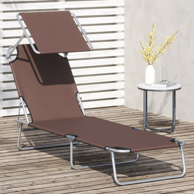 Outsunny Brown Foldable Sun Lounger with Sunshade Awning - Size: 1 Seater - Wilko - image 1