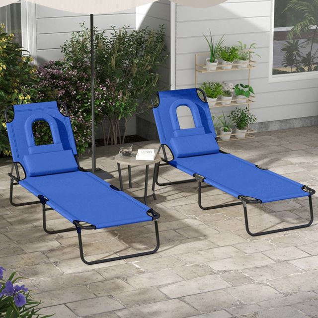 Outsunny Set of 2 Blue Folding Sun Lounger with Reading Hole - Size: 36 x 58 x 187cm - Wilko - image 1