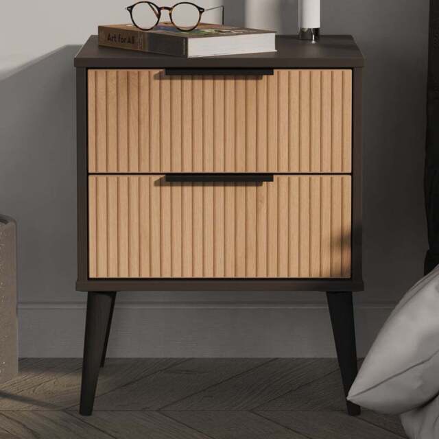 Crowndale Hong Kong 2 Drawer Slatt Effect and Graphite Compact Bedside Cabinet Ready Assembled - Slatt Effect & Graphite - Wilko - image 1