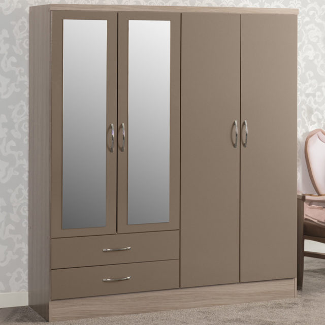 Seconique Nevada 4 Door 2 Drawer Oyster Gloss and Light Oak Veneer Mirror Wardrobe - Size: 4 Door, 2 Drawer - Brown - Wilko - image 1
