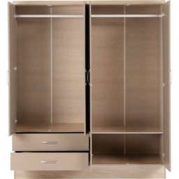 Seconique Nevada 4 Door 2 Drawer Oyster Gloss and Light Oak Veneer Mirror Wardrobe - Size: 4 Door, 2 Drawer - Brown - Wilko - thumbnail 4