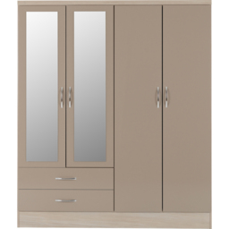 Seconique Nevada 4 Door 2 Drawer Oyster Gloss and Light Oak Veneer Mirror Wardrobe - Size: 4 Door, 2 Drawer - Brown - Wilko - thumbnail 3