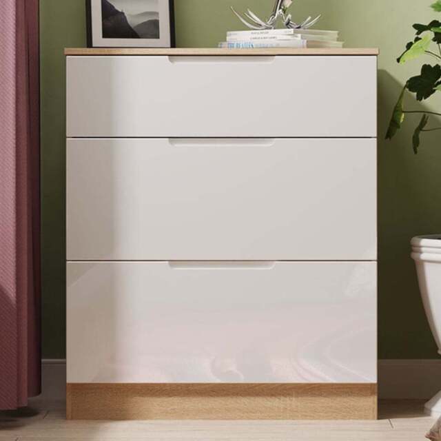 Crowndale Milan 3 Drawer White Gloss and Bardolino Oak Deep Chest of Drawers Ready Assembled - White Gloss & Bardolino Oak - Wilko - image 1