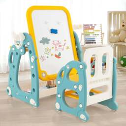 Costway 4 in 1 Yellow and Blue Kids Drawing Table and Chair Set - Size: 70 x 62 x 27cm - Multi - Wilko