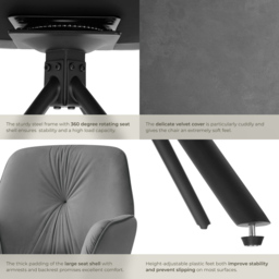 tectake Lenia Set of 4 Anthracite and Black Velvet Swivel Chair - Size: Single - Grey - Wilko - thumbnail 6