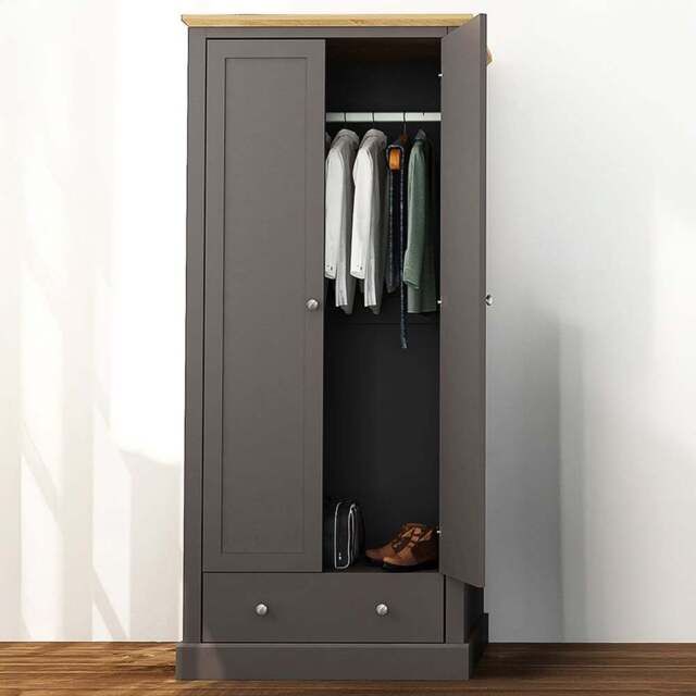 Devon 2 Door Single Drawer Charcoal Wardrobe - Size: 2 Door, Single Drawer - Black - LPD Home - Wilko - image 1