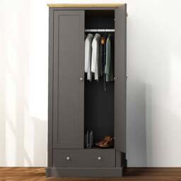 Devon 2 Door Single Drawer Charcoal Wardrobe - Size: 2 Door, Single Drawer - Black - LPD Home - Wilko - thumbnail 1
