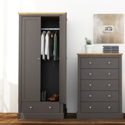 Devon 2 Door Single Drawer Charcoal Wardrobe - Size: 2 Door, Single Drawer - Black - LPD Home - Wilko - thumbnail 5