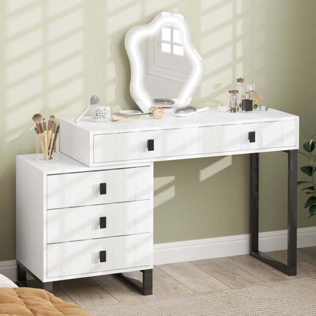 Portland 5 Drawer White Dressing Table with LED Leaf Shape Mirror - Size: 126 x 40 x 120cm - Wilko - image 1