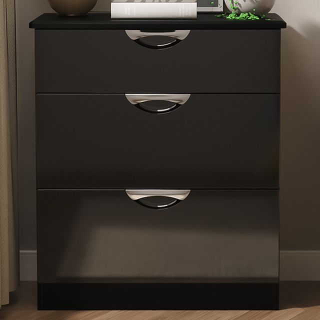 Crowndale Camden 3 Drawer Black Gloss and Black Deep Chest of Drawers Ready Assembled - Black Gloss & Black - Wilko - image 1