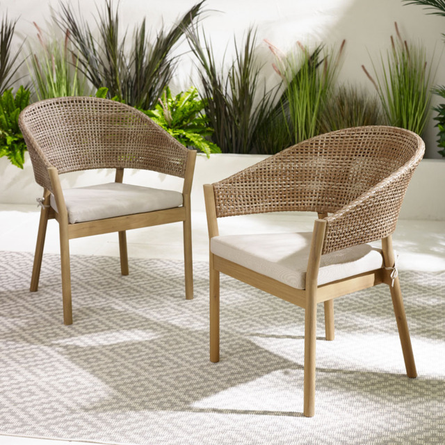 Furniturebox Metz Set of 2 Cream Wood and Wicker Outdoor Dining Chairs with Cushion - Brown - Wilko - image 1