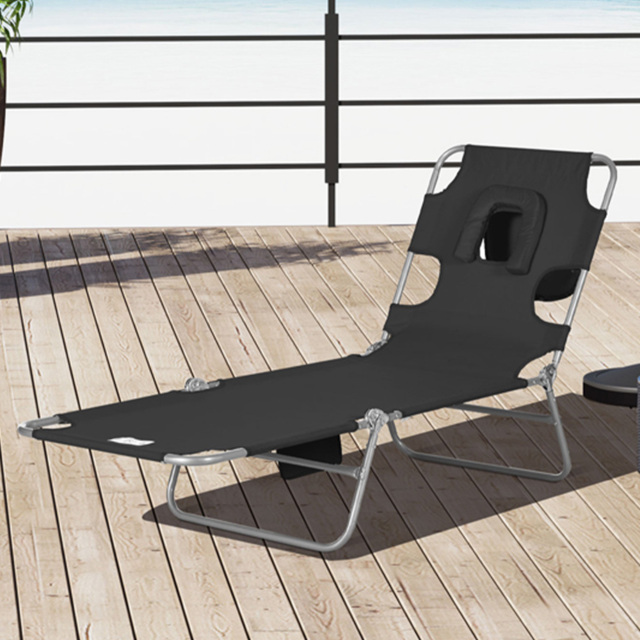 Outsunny Black 5 Level Adjustable Folding Sun Lounger with Reading Hole - Size: 72 x 11 x 57cm - Wilko - image 1