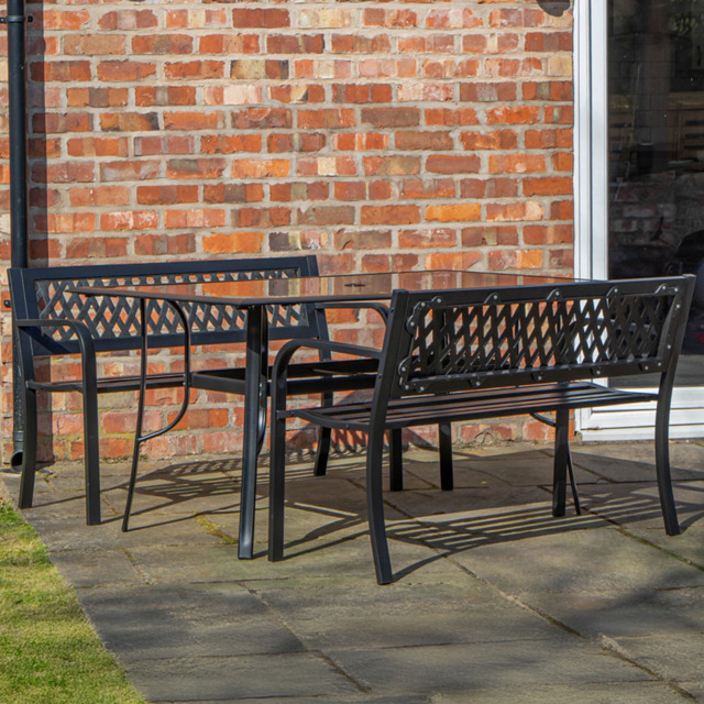 Samuel Alexander 4 Seater Glass Top Garden Dining Table with Bench - Black - Wilko - image 1