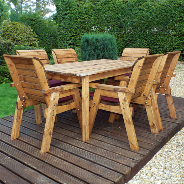Charles Taylor Solid Wood 6 Seater Rectangular Outdoor Dining Set with Red Cushions - Wilko - image 1