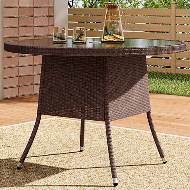 Living and Home Rattan Glass 4 Seater Round Garden Dining Table Brown - Wilko - image 1