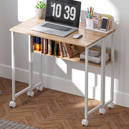 HOMCOM Single Shelf Foldable Computer Desk with Wheels and Side Bag Natural - Size: 75 x 50 x 80cm - Brown - Wilko