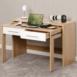 Seconique Seville White Gloss Light Oak Effect Veneer 2 Drawer Slider Desk - Size: 47 x 120 x 83cm - Wilko