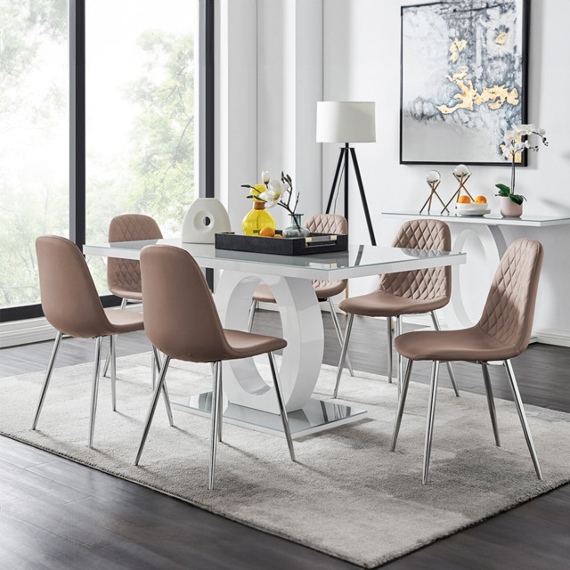 Furniturebox Lucia Solara 6 Seater Dining Set Grey Gloss Cappuccino and Chrome - Brown - Wilko - image 1