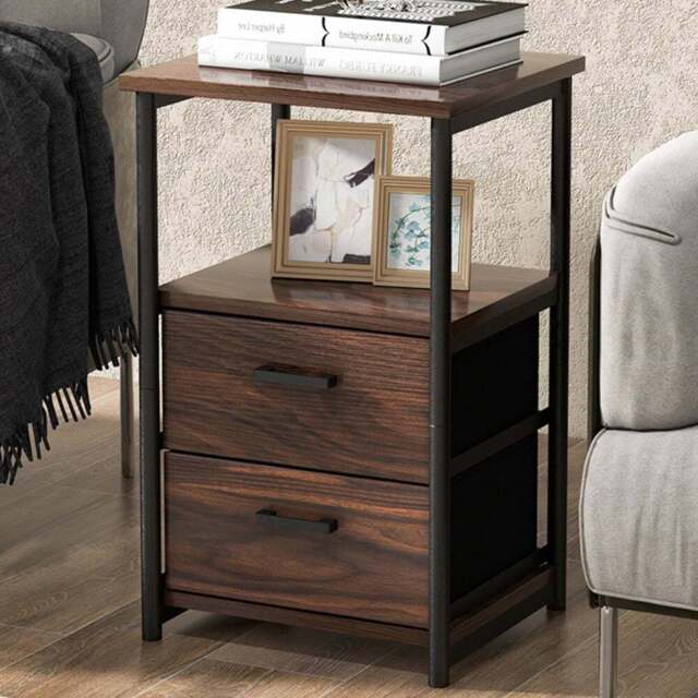 Costway 2 Drawer Single Shelf Rustic Brown Metal Frame Bedside Table - Wilko - image 1