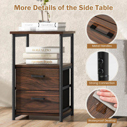 Costway 2 Drawer Single Shelf Rustic Brown Metal Frame Bedside Table - Wilko - thumbnail 6